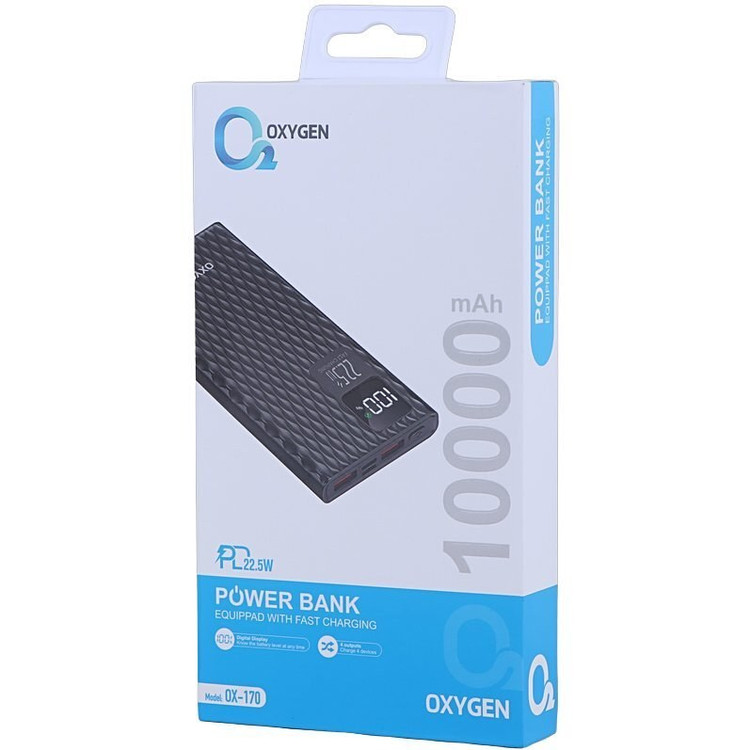 پاور بانک 22.5 وات اکسیژن مدل OX-170 ظرفیت 10000 میلی آمپر ساعت . رنگ مشکی