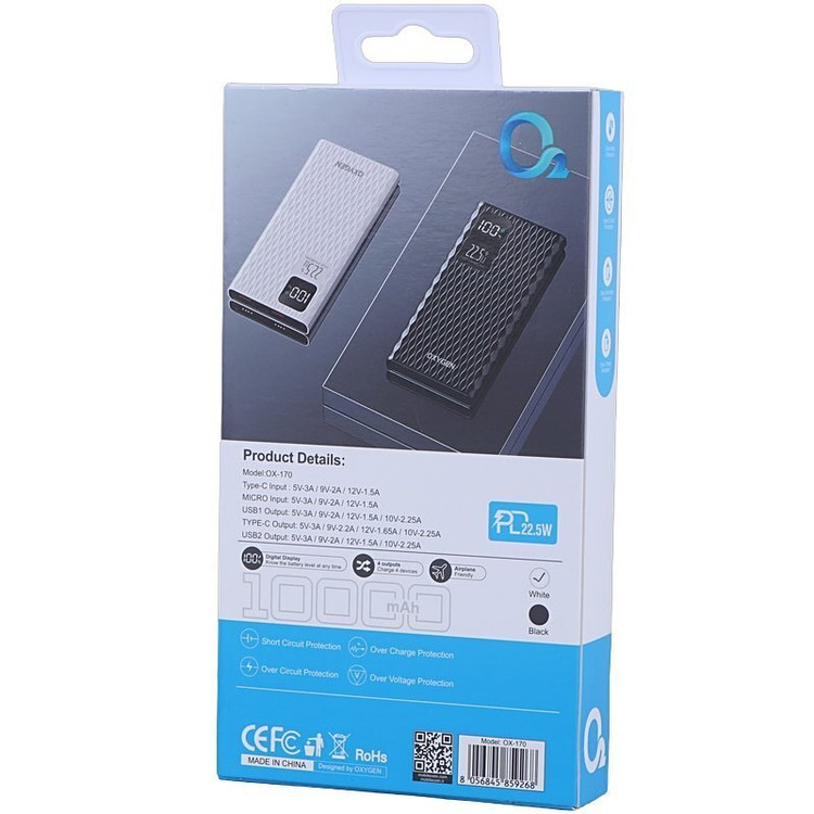 پاور بانک 22.5 وات اکسیژن مدل OX-170 ظرفیت 10000 میلی آمپر ساعت . رنگ مشکی