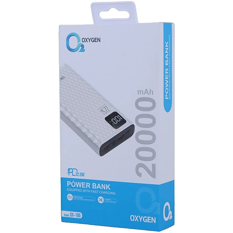 پاور بانک 22.5 وات اکسیژن مدل OX-180 PD ظرفیت 20000 میلی آمپر ساعت. رنگ سفید