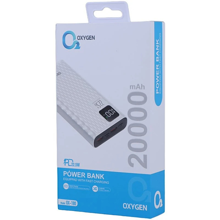 پاور بانک 22.5 وات اکسیژن مدل OX-180 PD ظرفیت 20000 میلی آمپر ساعت. رنگ سفید