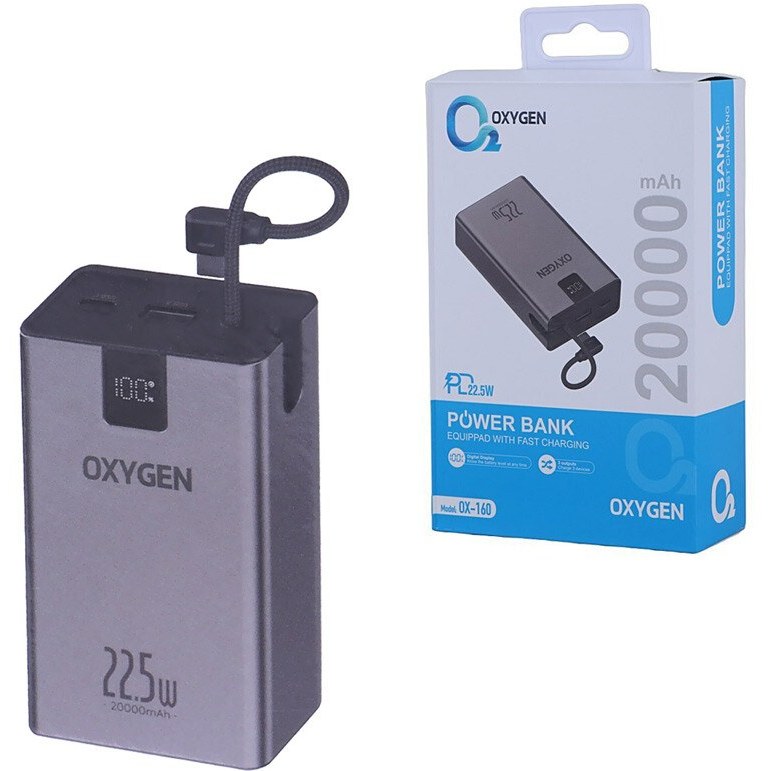 پاور بانک 22.5 وات اکسیژن مدل OX-160 PD ظرفیت 20000 میلی آمپر ساعت.